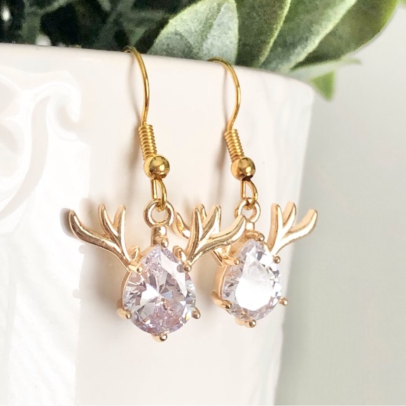 New Rhinestone Crystal Deer Stag Reindeer 18k gold plated hooks Sparkle Earrings - Picture 9 of 9